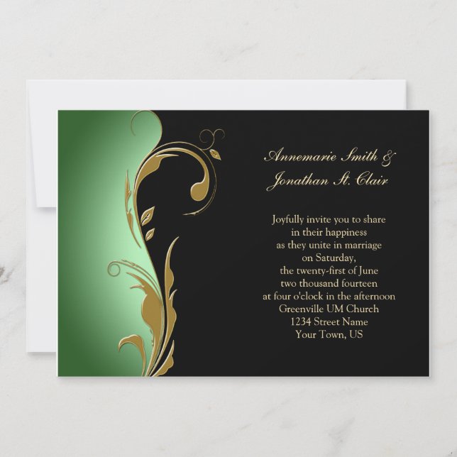 Vintage Green Black and Gold Wedding Invitation (Front)