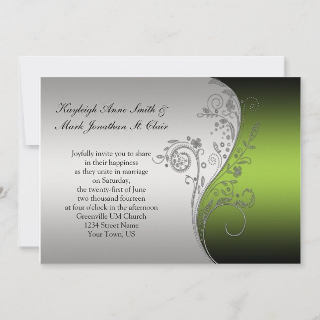 Vintage Green Black and Silver Wedding Invitation (Front)