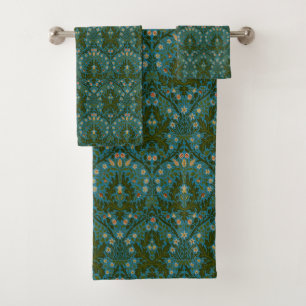 Vintage Green Blue William Morris Autumn Flowers Bath Towel Set