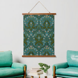 Vintage Green Blue William Morris Autumn Flowers Hanging Tapestry