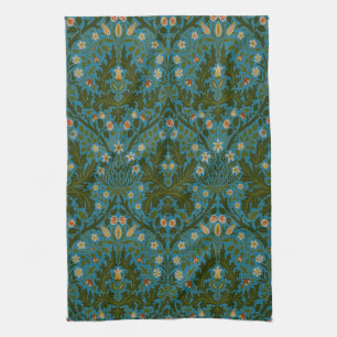 Vintage Green Blue William Morris Autumn Flowers Kitchen Towel