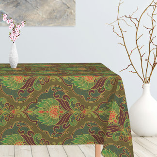 Vintage Green, Brown and Gold Floral Pattern Tablecloth