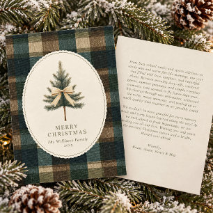 Vintage Green Brown Plaid Christmas Tree Bow Holiday Card