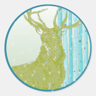 Vintage Green Buck Deer Aqua Birch Tree Snowflake Classic Round Sticker