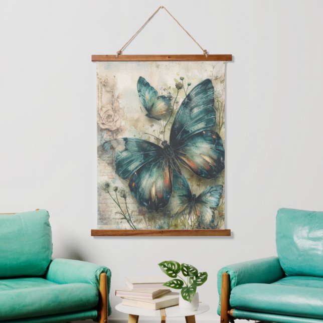 Vintage Green Butterflies Hanging Tapestry (Living Room)