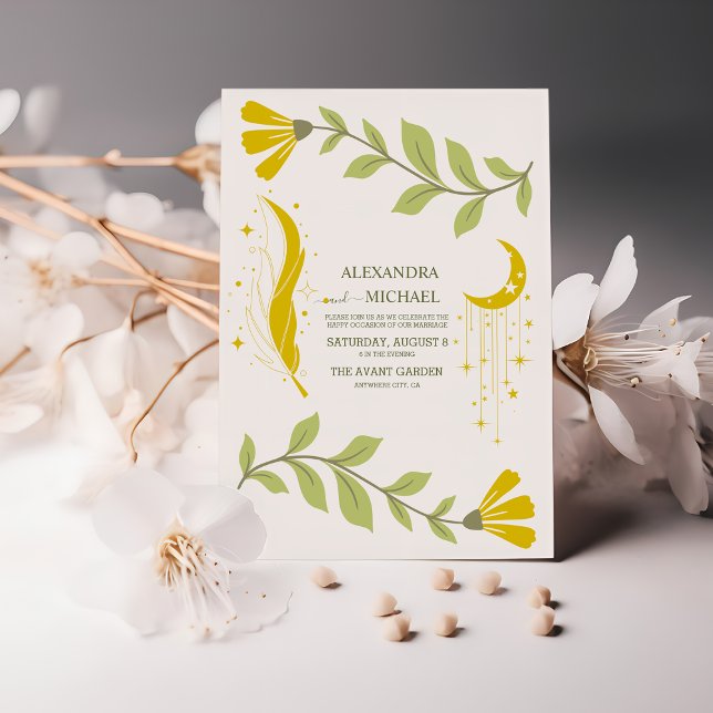 Vintage Green Celestial Botanical Wedding Invitation (Creator Uploaded)