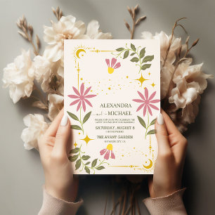 Vintage Green Celestial Botanical Wedding Invitation