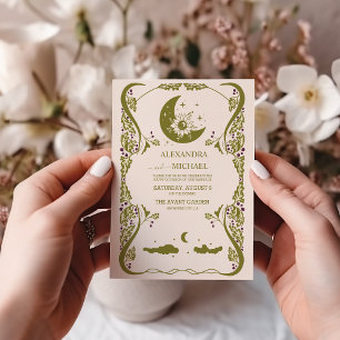 Vintage Green Celestial Botanical Wedding Invitation