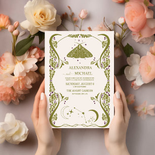 Vintage Green Celestial Botanical Wedding Invitation