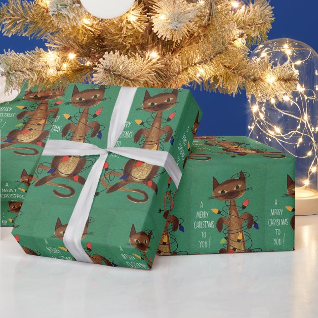 Vintage Green Christmas Cat In Lights Wrapping Paper (Holidays)
