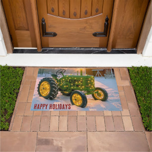 Vintage Green Christmas Farm Tractor Doormat