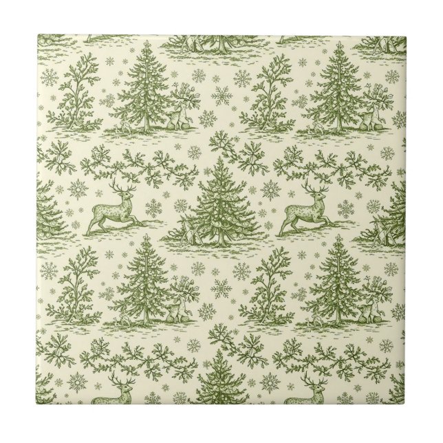 Vintage Green Christmas Toile Deer Pattern Tile (Front)