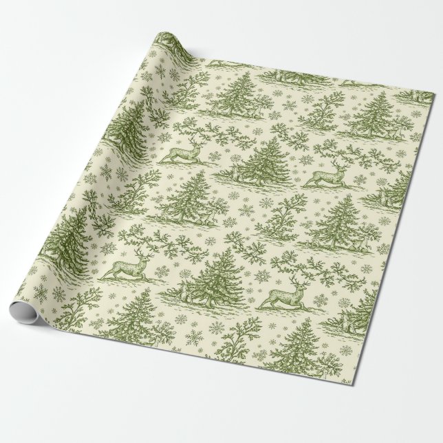 Vintage Green Christmas Toile Deer Pattern Wrapping Paper (Unrolled)