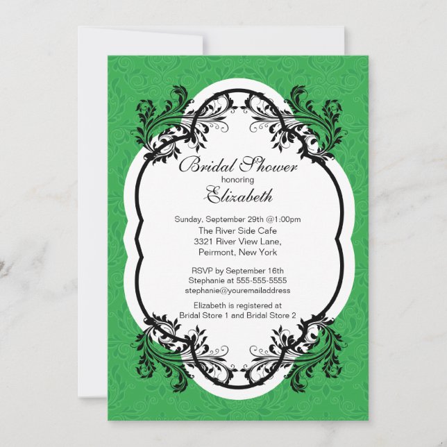Vintage Green Damask Bridal Shower Invitation (Front)