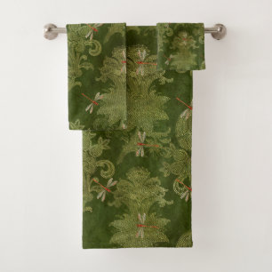 Vintage Green Damask Floral Orange Dragonflies Bath Towel Set