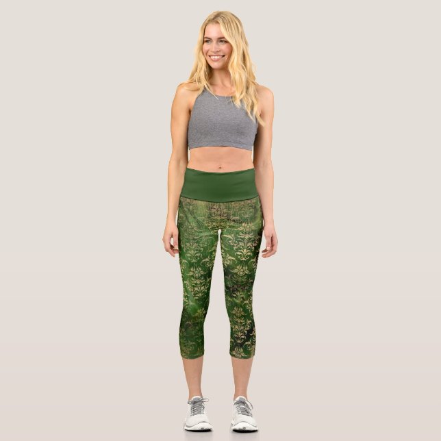 Vintage Green Damask Leggings, Retro Floral Print  Capri Leggings (Front)