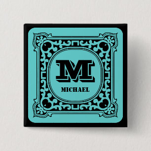 Vintage green decorative alphabet name monogram  2 inch square button