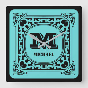 Vintage green decorative alphabet name monogram square wall clock