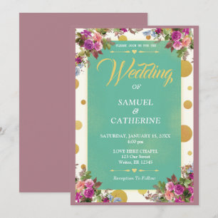 Vintage Green Dots Pink Blue Floral Wedding Invitation