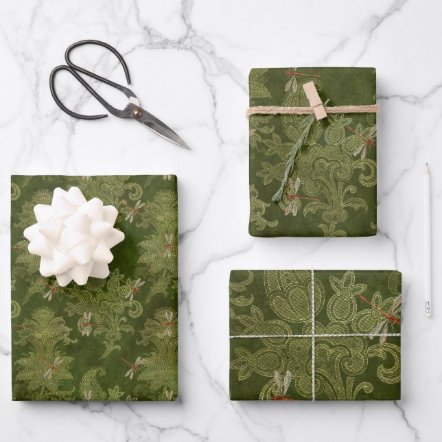 Vintage Green Dragonflies Wrapping Paper Sheet (Front)