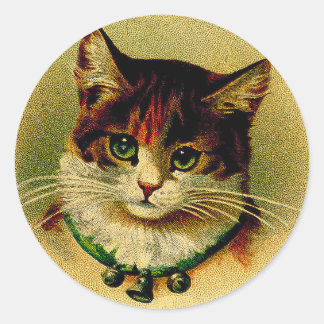 Vintage Green-Eyed Cat with Jingle Bells Classic Round Sticker