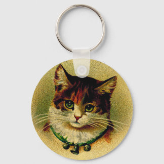 Vintage Green-Eyed Cat with Jingle Bells Keychain