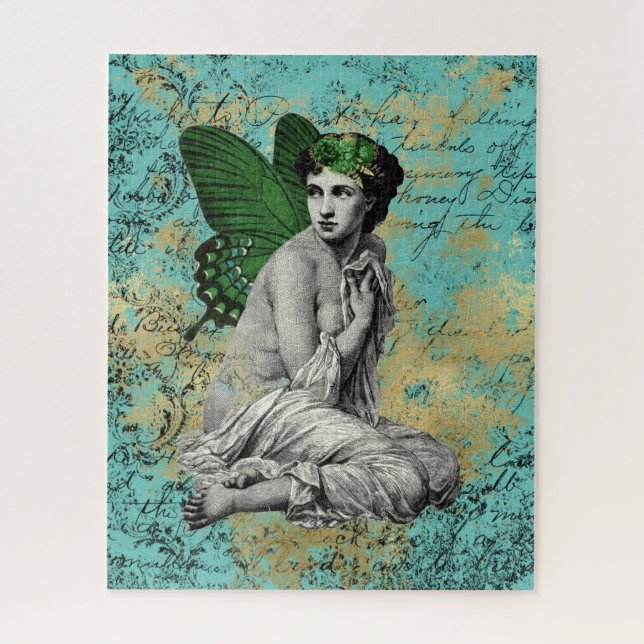Vintage Green Fairy on Aqua Ephemera Jigsaw Puzzle (Vertical)