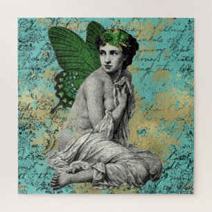 Vintage Green Fairy on Aqua Ephemera Jigsaw Puzzle