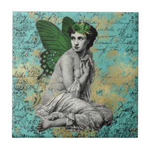 Vintage Green Fairy on Aqua Ephemera Tile