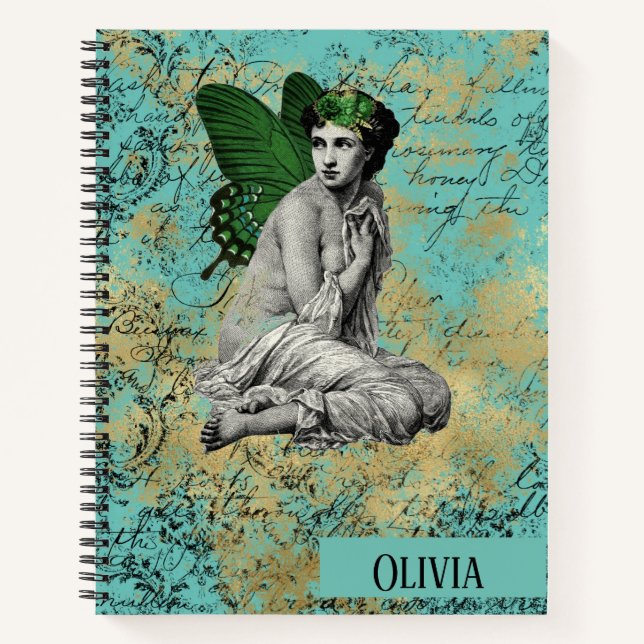 Vintage Green Fairy on Aqua Personalized Sketch Notebook (Front)