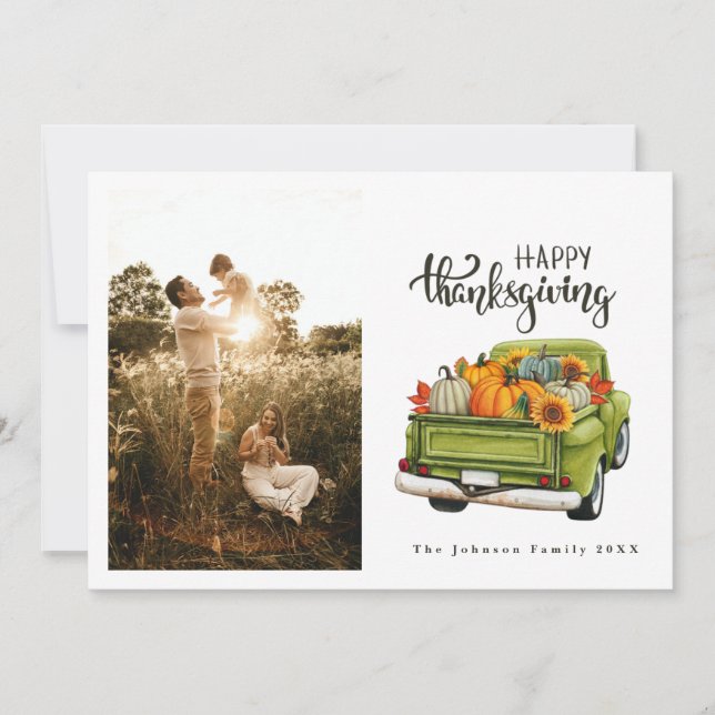 Vintage Green Farm Truck Thanksgiving Harvest Holiday Card (Front)