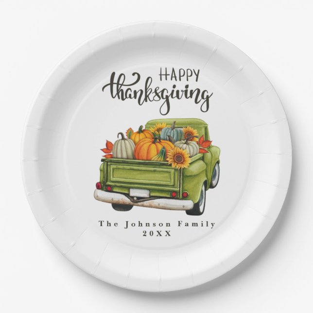 Vintage Green Farm Truck Thanksgiving Harvest Paper Plate (Front)