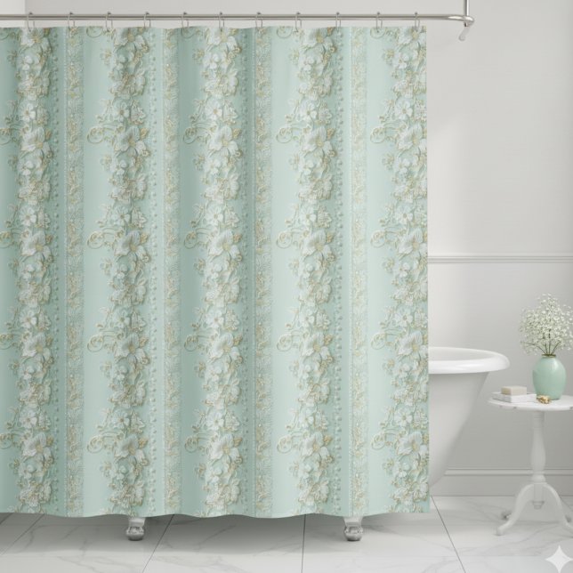 Vintage Green Floral (vintage faux lace pale mint green cream ivory floral shower curtain)