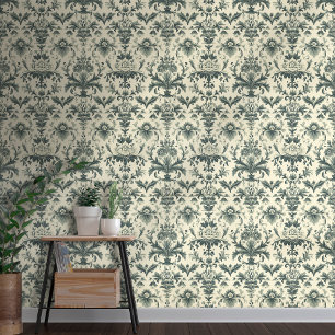 Vintage Green Floral Damask Peel-and-Stick Wallpaper
