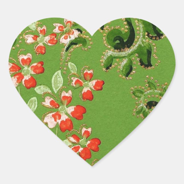 Vintage Green Floral Design Heart Sticker (Front)