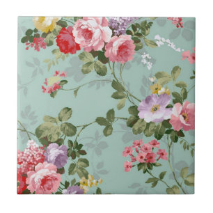 Vintage Green Floral Design  Tile