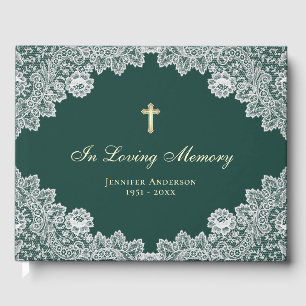 Vintage Green Floral Lace Memorial Funeral Photo Guest Book