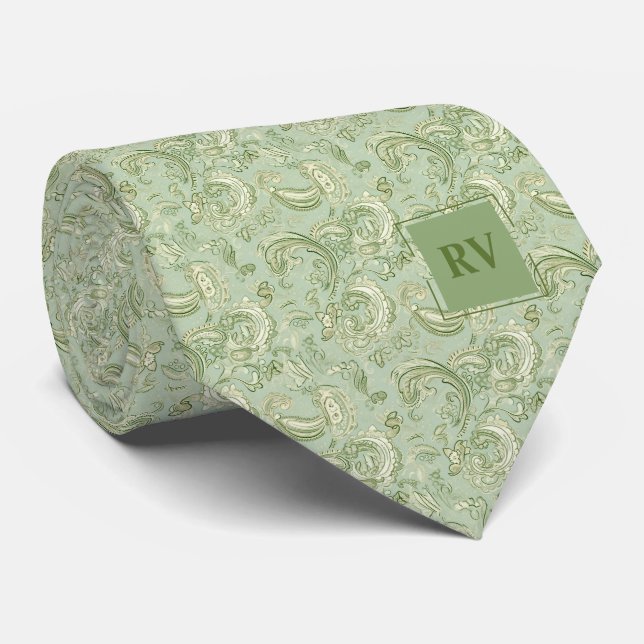 Vintage Green Floral Paisley Pattern Tie (Rolled)