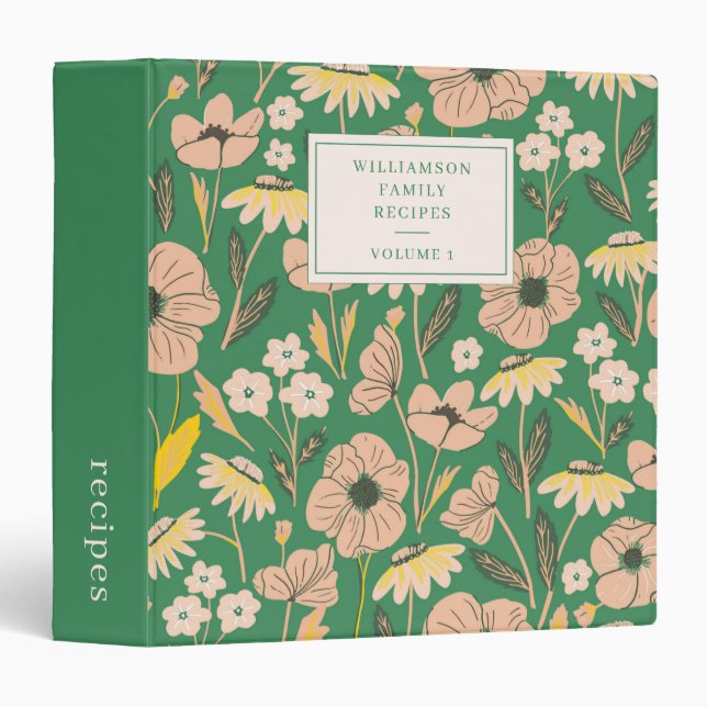 Vintage Green Floral Personalized Recipe Cookbook Binder (Front/Spine)
