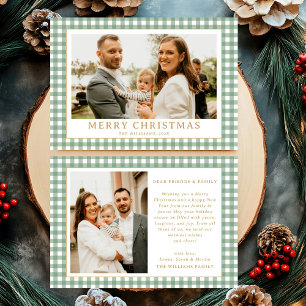 Vintage Green Gingham Plaid Photo Christmas Holiday Card