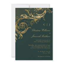 Vintage Green Gold Floral Damask Monogram Wedding