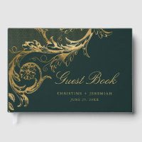 Vintage Green Gold Floral Damask Script Wedding