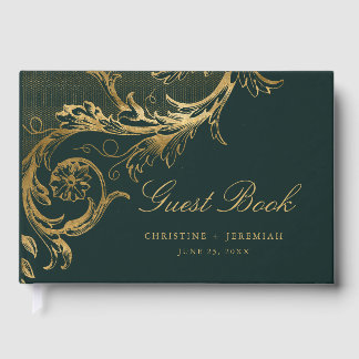 Vintage Green Gold Floral Damask Script Wedding Guest Book