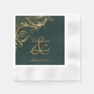 Vintage Green Gold Floral Damask Script Wedding Napkin