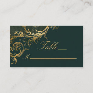 Vintage Green Gold Floral Damask Script Wedding Place Card