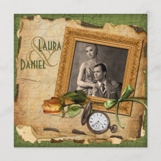 Vintage Green, Gold Frame Photo Wedding Invite