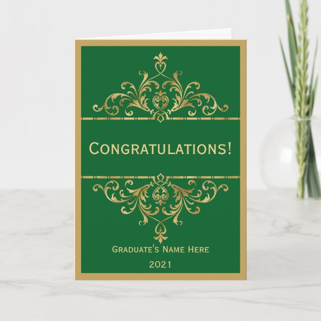 Vintage Green Gold Glam Congratulations Graduation Card (Front)