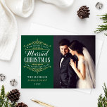 Vintage Green Gold Married Christmas Wedding Photo Holiday Card<br><div class="desc">Elegant "We wish you a Married Christmas and Happy New Year" holiday photo cards for a newlywed couple includes an ornate gold vintage typography design with beautiful scroll detail and custom text you can personalize with a sweet and simple message from the newly married couple. Emerald green background colour. The...</div>