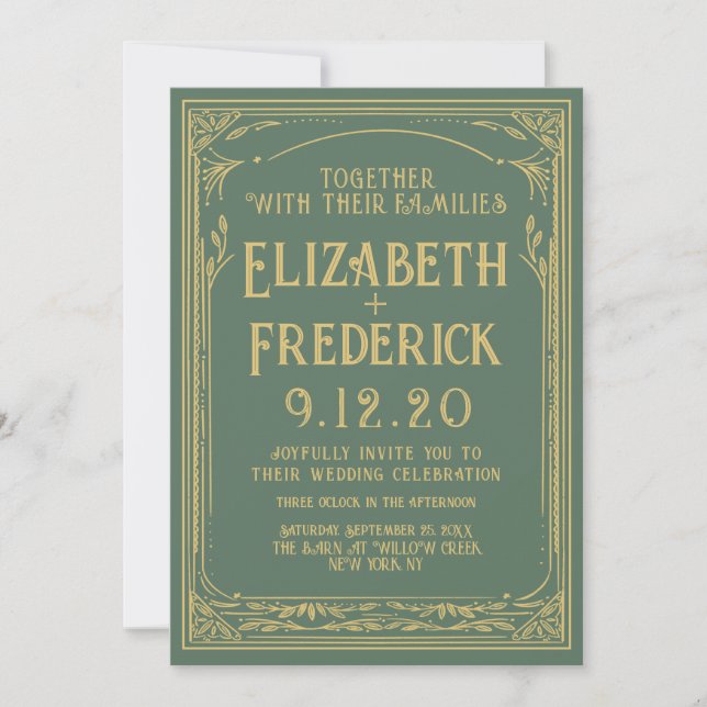 Vintage Green Golden Old Print Wedding Invitation (Front)