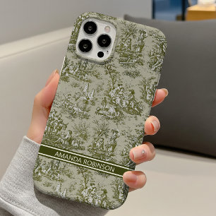 Vintage green grey toile de jouy printed iPhone 16 case